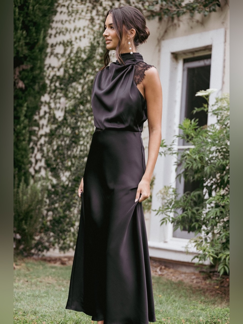 NEW Petal & Pup Anabelle Black Satin Lace Halter Maxi Dress Formal Black Tie - Picture 2 of 11